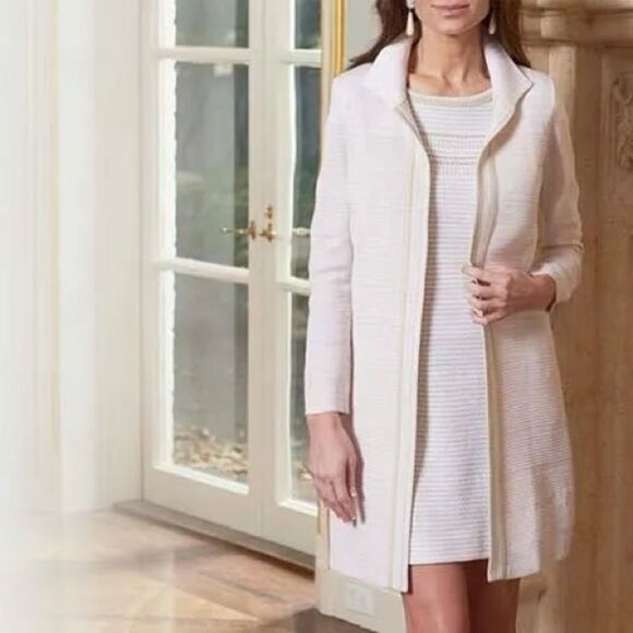 Misook Open Front Longline Textured Knit Jacket in Blush/Beige | Size Medium - Picture 2 of 7